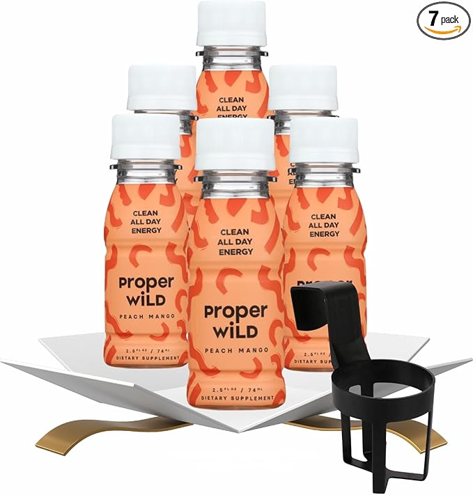 6x Energy Shot Peach Mango – 2.5 fl oz Bundle with Cup Holder – Refreshing Fruit Blend with Natural Caffeine and L-Theanine for Focus and Drive — Gift Set (7 Items)