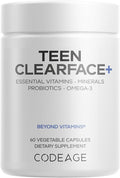 Codeage Teen Clearface Adolescent Face Skin &amp Pimples Vitamins A C D3 E Pantothenic Acid Niacin Zinc Supplement Teenagers Probiotics L-Lysine Omega-3 Oily Skin Pores Spots - 60 Capsu