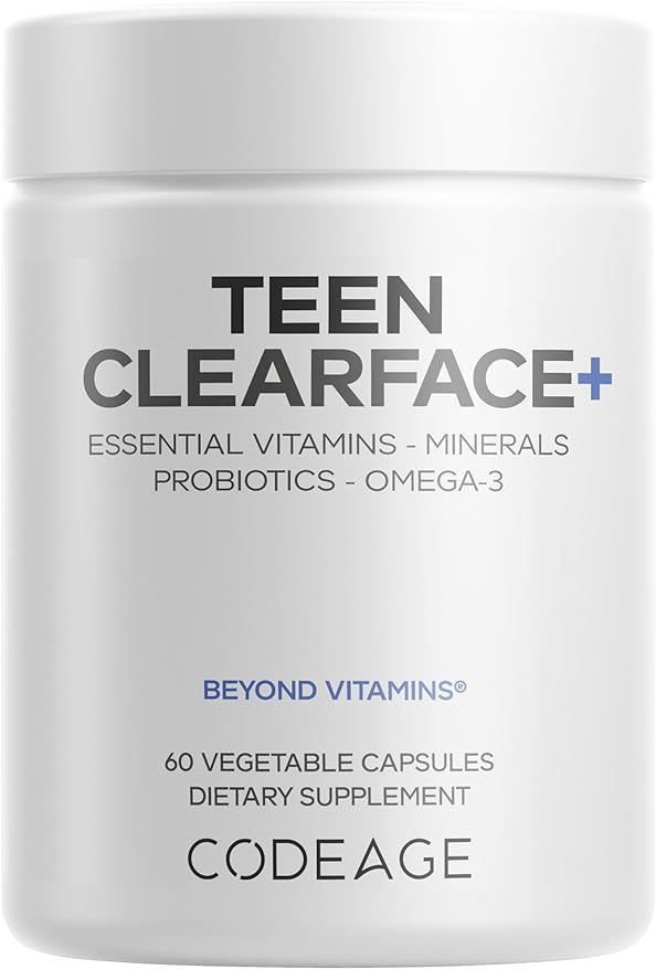 Codeage Teen Clearface Adolescent Face Skin &amp Pimples Vitamins A C D3 E Pantothenic Acid Niacin Zinc Supplement Teenagers Probiotics L-Lysine Omega-3 Oily Skin Pores Spots - 60 Capsu