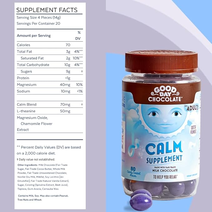 Good Day Chocolate Natural Calming Supplement for Adults Blend of Camomile Theanine Magnesium Fair Trade and Non-GMO Chocolate 80 Pieces