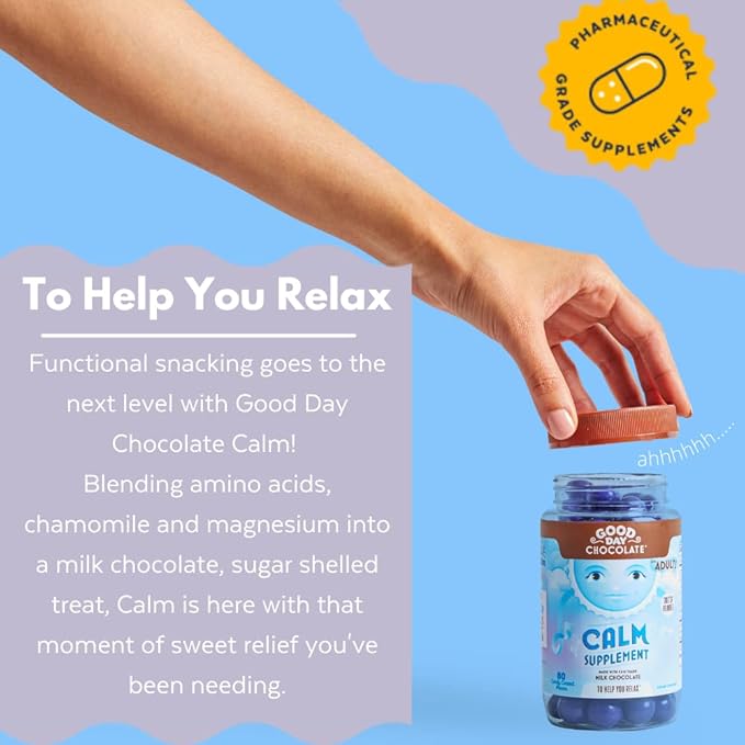 Good Day Chocolate Natural Calming Supplement for Adults Blend of Camomile Theanine Magnesium Fair Trade and Non-GMO Chocolate 80 Pieces