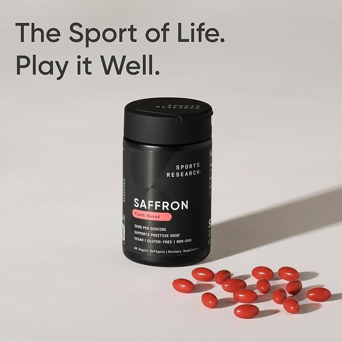 Sports Research® Pure Saffron Supplement 30 mg - Mood &amp Stress Support - Made w/Affron® Saffron Extract - Vegan Certified · Non-GMO · Gluten Free – 60 Veggie Softgels
