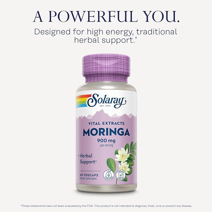 SOLARAY Moringa Capsules 900 mg - Moringa Supplement with 135 mg Saponins - Herbal Support w/Naturally Occurring Vitamins Minerals Amino Acids Vegan 60-Day Guarantee 30 Serv 60 VegCaps