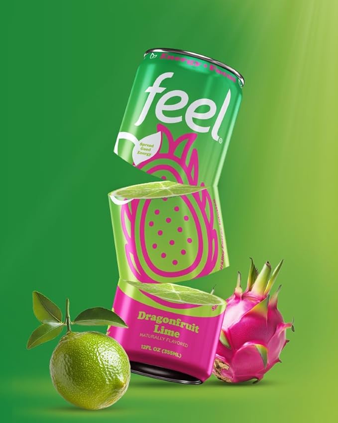 FEEL Zero Sugar Natural Energy Drink – Dragonfruit Lime 140 mg Plant-Based Caffeine with L-Theanine for Focus &amp Vitamin C for Immunity Vegan Non-GMO No Artificial Sweeteners 12 Fl Oz Cans (12