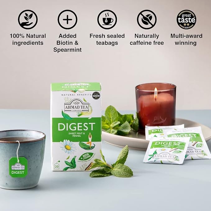 Ahmad Tea Herbal Tea Sweet Mint Fennel &amp Biotin 'Digest' Natural Benefits Teabags 20 ct (Pack of 6) - Decaffeinated &amp Sugar-Free