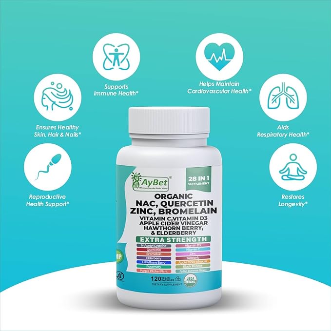 NAC-n-acetyl cysteine- Quercetin Zinc Bromelain Supplement | Extra Strength with Vit C D3 Apple Cider Vinegar Elderberry Hawthorn Berry Turmeric | Immune Support|120 Vegan Capsules | USDA Organic