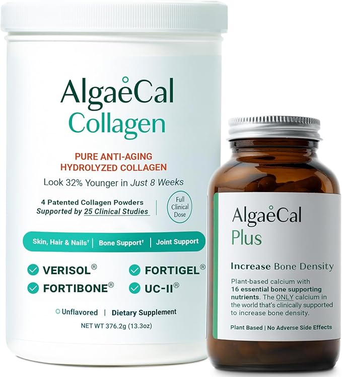 ALGAECAL Calcium &amp Collagen Bundle – Hydrolyzed Collagen Complete with Clinically-Supported Verisol Fortibone &amp Fortigel Plus Vitamin D3 K2 Magnesium &amp Trace Minerals for Bone Health &