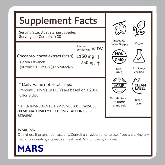 CocoaVia Ultra 750mg Cocoa Flavanols – Heart &amp Brain Support Memory &amp Blood Circulation Booster High Flavanol Cocoa for Nitric Oxide Energy &amp Oxygen Boost Vegan Gluten-Free 30-Day Su