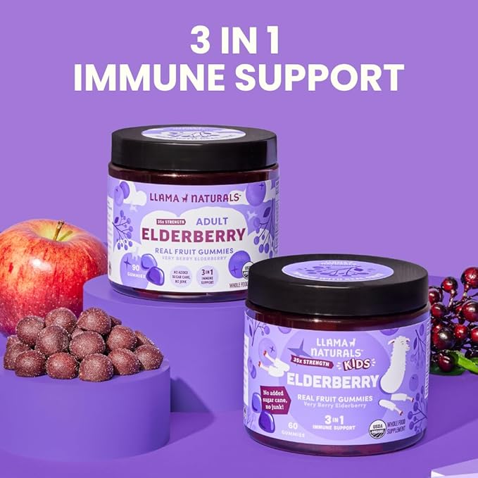 Llama Naturals Elderberry Gummies for Adults Vegan Organic Immune Support Supplement with Vitamin C and Zinc Real Fruit Gummy Vitamins for Immunity Chewable No Added Sugar Cane 90 Ct