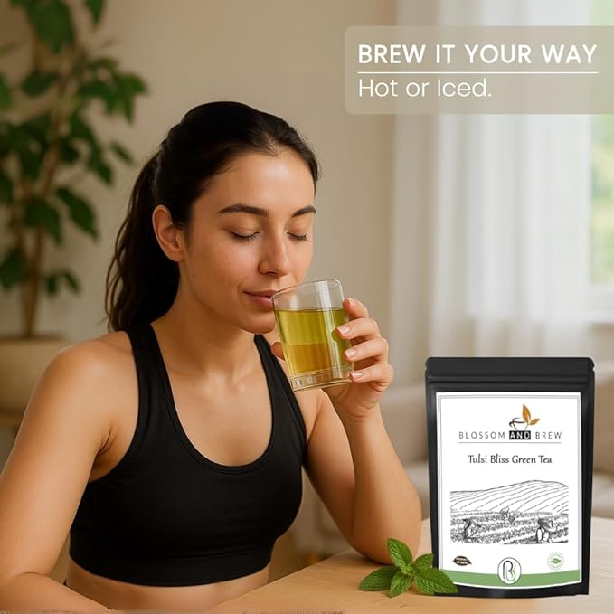 Blossom &amp Brew Tulsi Bliss Green Tea (2.46oz) Loose Leaf Premium Herbal Green Tea Green Loose Leaf with Tulsi/Basil Leaves Natural Ingredients Brew Hot or Iced