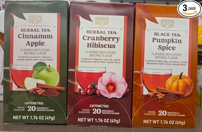 Benner Herbal/Black Tea Cranberry Hibiscus Cinnamon Apple Pumpkin Spice 20 Tea Bags 1.76 49g (Three Boxes)