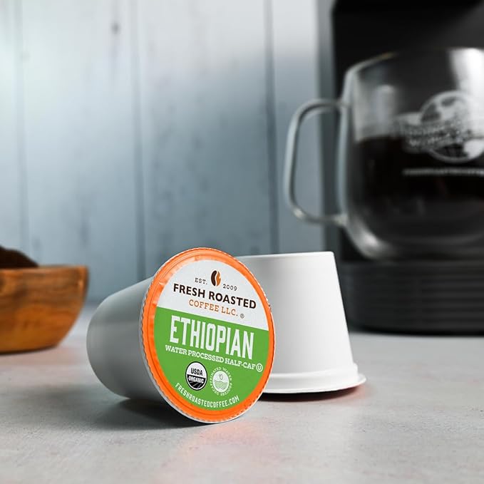 Fresh Roasted Coffee Organic Ethiopian Sidamo Water-Processed Half-Caf | USDA Organic 100% Single Origin Kosher | Medium Roast 72 Pods for K Cup Brewers
