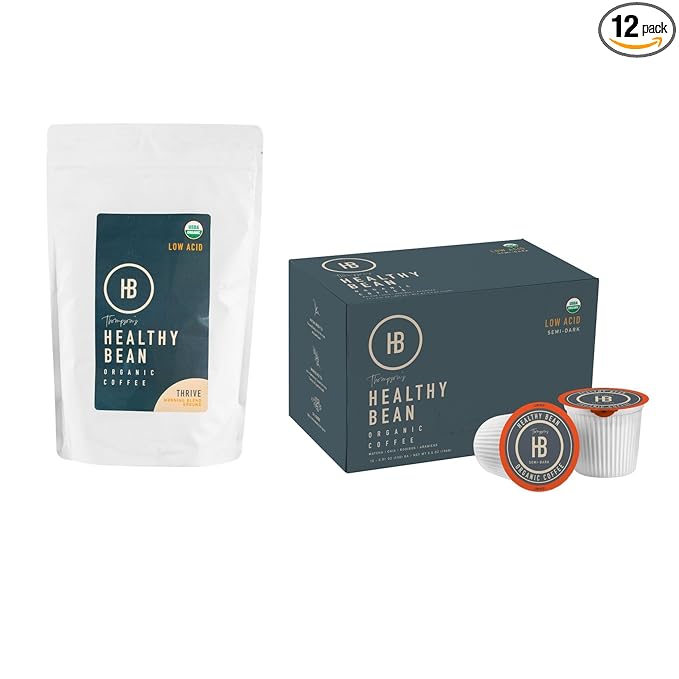 Healthy Bean Coffee Thrive Morning Blend - Organic Ground Coffee Medium Roast 11 oz and Low Acid Coffee Pods -Semi-Dark Roast 12 Pack