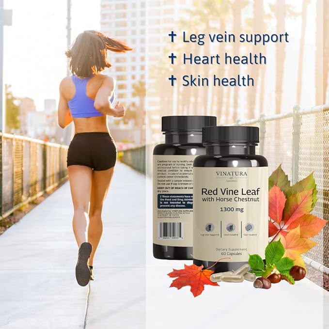 VINATURA Red Vine Leaf Extract - Horse Chestnut 1300mg/serving *USA Made and Tested* Circulation and Vein Support for Healthy Legs - Helps Blood Flow Leg Circulation - 60 Capsules (30 Servings)