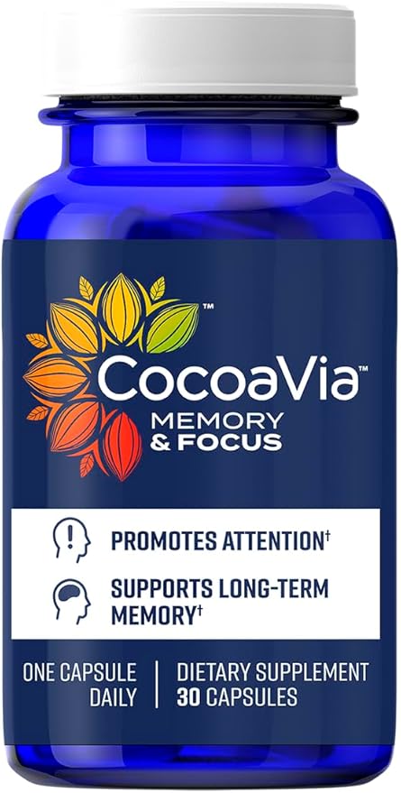 CocoaVia Memory &amp Focus Brain Supplement 30 Day Cocoa Flavanol Blend Lutein Added Caffeine for Boost. Improve Cognitive Function Attention Vegan &amp Plant Based 30 Capsules