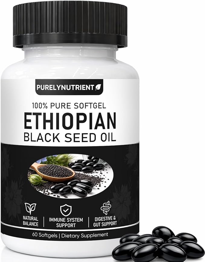 PURELYNUTRIENT Ethiopian Black Seed Oil Capsules with 4.64% Thymoquinone Immune Support &amp Digestion &amp Energy Booster Non-GMO Gluten-Free 60 Count