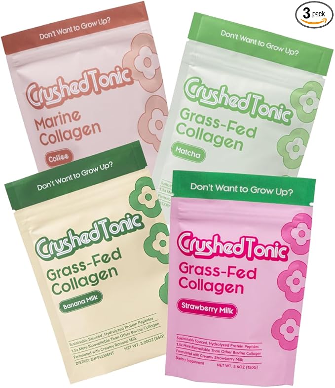 Crushed Tonic Korean Beauty Collagen Discovery Kit | Try Marine &amp Bovine Collagen Peptides | K-Beauty Sampler | Gluten-Free Halal &amp Kosher (Variety 3 Mini Pouches Sampler Kit)