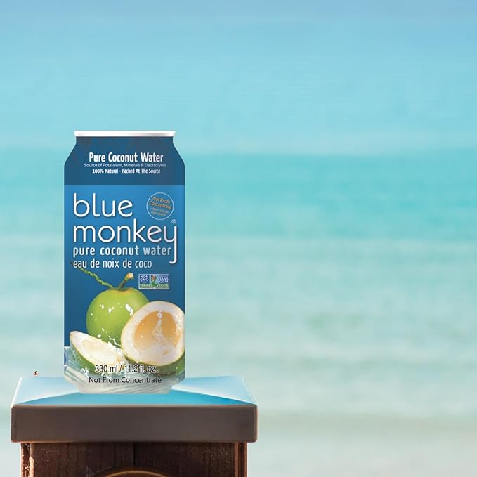 Blue Monkey Coconut Water - 100% Pure Coconut Water from Vietnam - No Pulp - No Sugar Added - Shelf Stable - Refreshing Hydration Drink - 11.2oz (330) 24-Pack