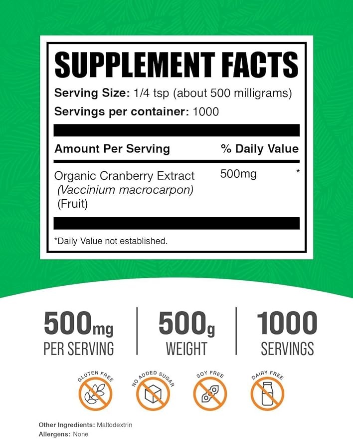BulkSupplements.com Cranberry Extract Powder - Cranberry Flavoring Powder Sourced from Vaccinium Macrocarpon Fruit - Vegan &amp Gluten Free 500mg per Serving 500g (1.1 lbs) (Pack of 1)