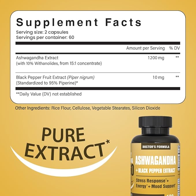NooMost Ashwagandha 1200mg Supplement | 10% Withanolides with Black Pepper Extract | Pure Root Extract for Stress Relief Promotes Energy Mood Helathy Sleep for Men &amp Women | 120 Capsules