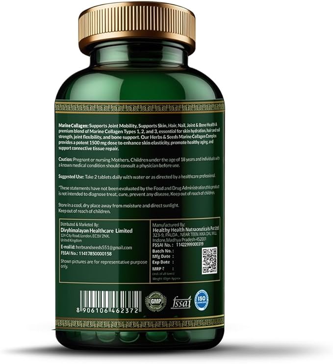 Herbs &amp Seeds Marine Collagen Pills for Women &amp Men 120 Capsules | Type I II III V X - Hydrolyzed Collagen Peptides with Biotin Hyaluronic Acid &amp Vitamin CE Skin Hair Nail &amp J
