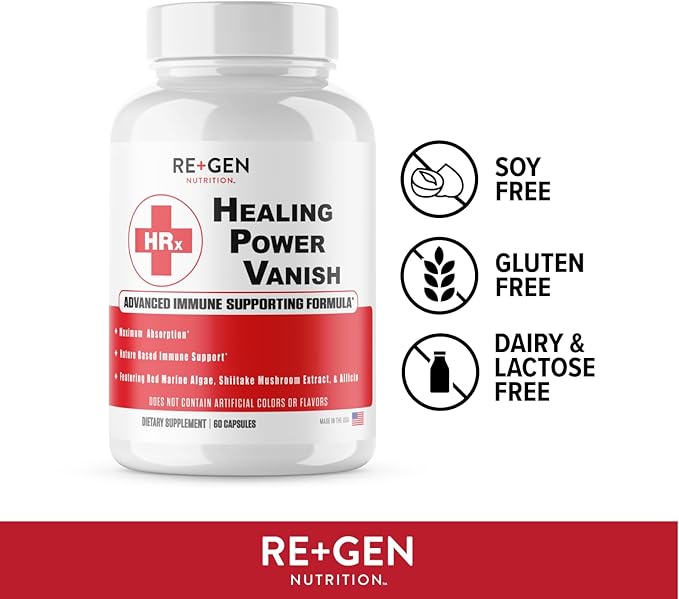 Re+Gen Nutrition Herp Rescue Healing Power Vanish Immune Support for Women Mushroom Supplement Pure Shiitake Mushroom Beta Glucan Red Marine Algae 60 Capsules