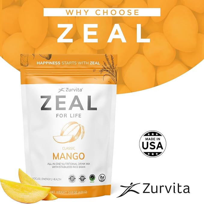Zurvita Zeal for Life Wellness Drink Mix - Mango Flavor - Gluten-Free Vegan with Biotin Vitamins B12 C D E Iron Magnesium - 30 Servings (420g)