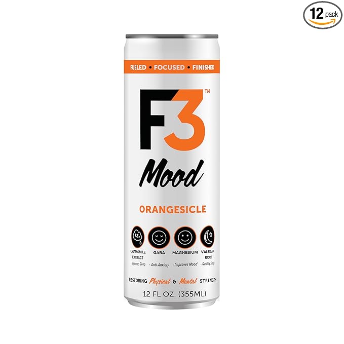 F3 Mood - Functional Sparkling Juice Drink with Powerful Nootropics to Reduce Stress BCAAs for Muscle Recovery and Chamomile &amp Valerian Root for Sleep - Caffeine Free (Orangesicle 12 Pack)