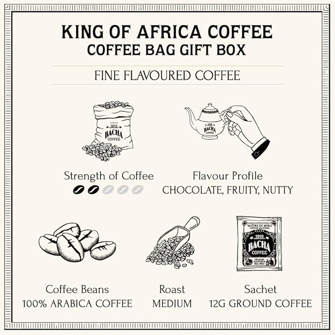 Bacha Coffee | King of Africa Fine Flavoured Medium Roast 100% Arabica Specialty Coffee 12 Coffee Drip Bags Gift Box