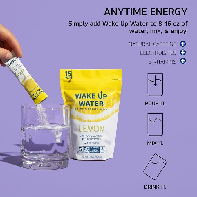 Wake Up Water Energy Drink Mix Sugar Free Clean Energy Powder with Electrolytes &amp B Vitamins Natural Caffeine for Focus &amp Hydration (15 Pack) - Lemon