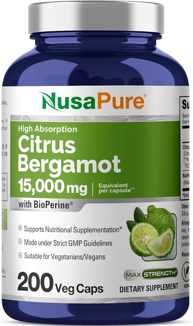 NusaPure Citrus Bergamot Capsules 15000mg 200 Capsules - 25:1 Bergamot Extract - 200 Servings Bioperine Vegan Non-GMO