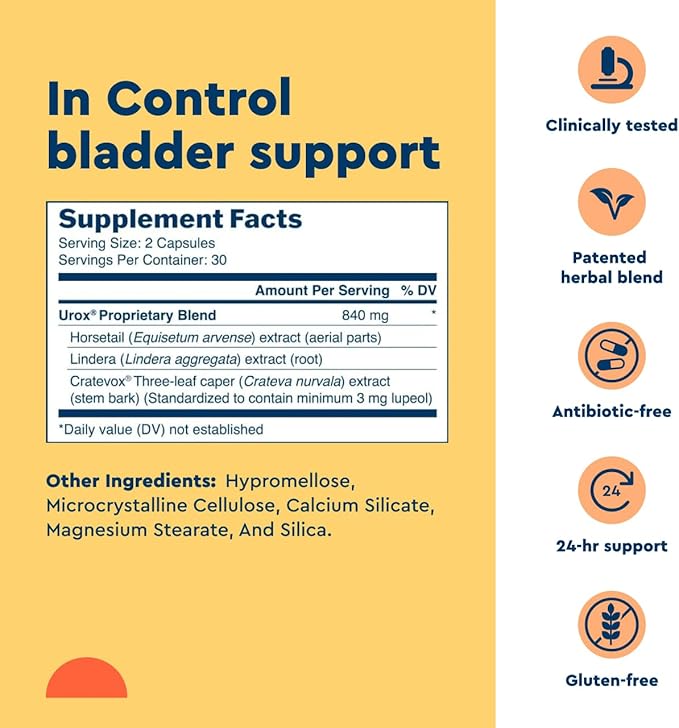 Uqora in Control Bladder Support - Daily Bladder Care &amp Support for Urinary Comfort - Made with botanicals Like Horsetail &amp Spicebush - Gluten-Free &amp Vegetarian - 60 Capsules