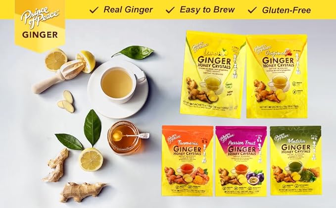 Prince of Peace Instant Ginger Honey Crystals with Lemon 60 Sachets – Instant Hot or Cold Beverage – Easy to Brew – Drink Like a Tea – Caffeine and Gluten Free – Real Ginger