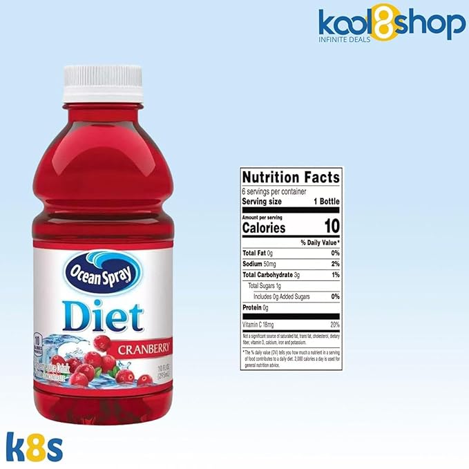 Ocean Spray Diet Cranberry Fruit Juice Drink 10 fl oz Plastic Bottles 24 Pack + 2 Reusable Snack Bags by KOOL8SHOP Infinite Deals