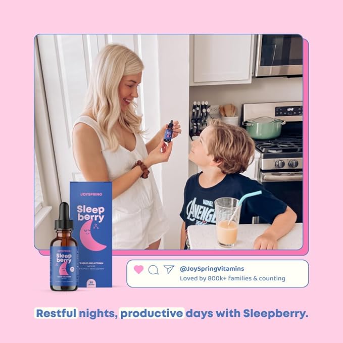 JoySpring SleepBerry - Kids Melatonin Liquid - 3MG Melatonin with D3 and Elderberry - Sugar-Free Liquid for Kids &amp Teens – Gentle Natural Sleep Support Formula (4 fl oz)