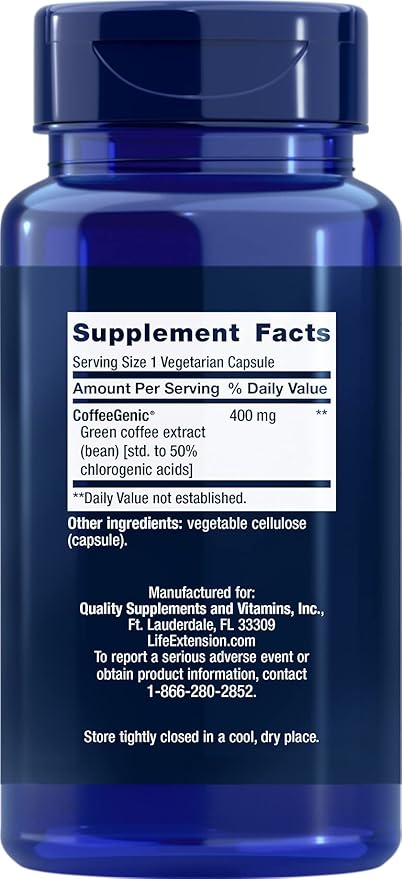 Life Extension CoffeeGenic® Green Coffee Extract 400 mg standardized for 50% chlorogenic Acid After-Meal Metabolism Support Gluten Free Non-GMO Vegetarian 90 Capsules