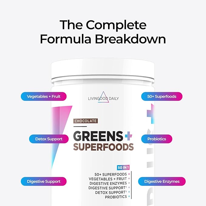 Livingood Daily Greens &amp Superfood Powder Super Greens for Gut Health Green Juice Powder with Spirulina Chlorella and Digestive Enzymes Probiotics for Digestive Support Chocolate 30 Serving