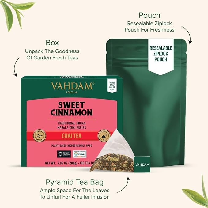 VAHDAM Sweet Cinnamon Tea | 100 Tea Bags | 100% Natural Spices | Cinnamon Masala Chai Tea Recipe | Spiced Chai Tea Bag | Brew as Hot or Iced
