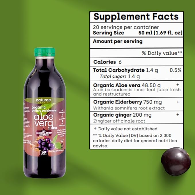 naturae Healthy Aloe Vera Juice – Natural Digestive Health &amp Immune Support – with Elderberry Ginger &amp Stevia – Promotes Stomach Balance &amp Regularity – 3 x 33.8 fl oz