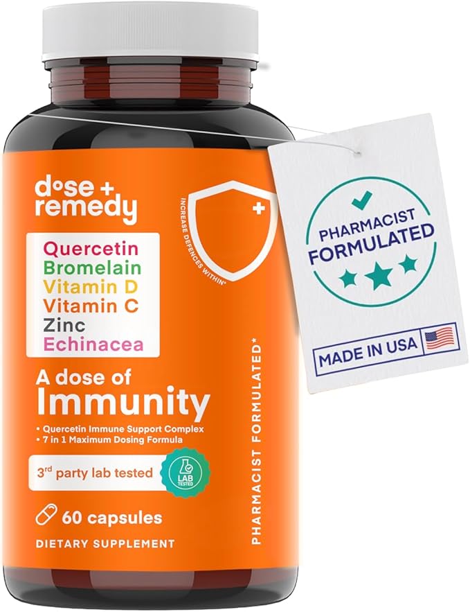 A Dose of Immunity Quercetin with Vitamin C and Zinc Vitamin D 500mg Quercetin Bromelain with Echinacea &amp B Vitamins (60 Count)