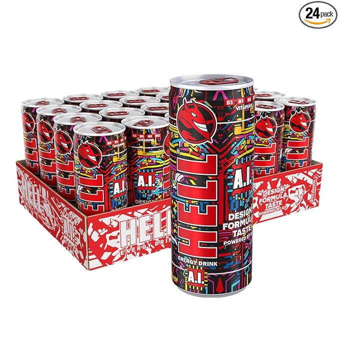 HELL A.I. Energy Drink | 32 mg/100 ml Caffeine | Vitamins B3 B5 B6 B12 | No Preservatives | Environmentally Friendly Packaging | 24 x 250ml | Compatible with HELL Energy
