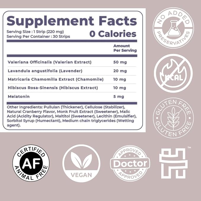 NutriHugs Sleep Aid Oral Thin Film Strips – Valerian Root Chamomile Lavender Melatonin Hibiscus &amp Natural Ingredients | Vegan Sugar-Free Non-GMO | Doctor-Formulated | 30 Strips