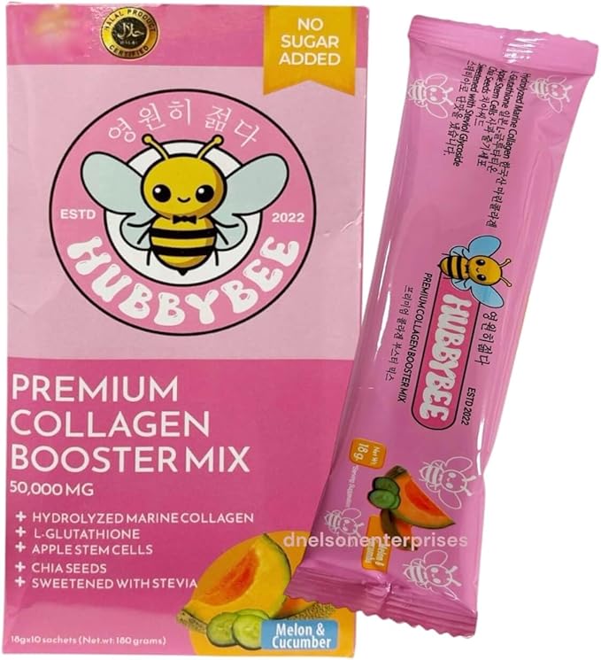 Hubby Bee Melon &amp Cucumber Premium Collagen Booster Mix - 50000 MG Korean Hydrolyzed Marine Collagen with Japanese L-Glutathione &amp Apple Stem Cells - 10 Sachets (18g Each)
