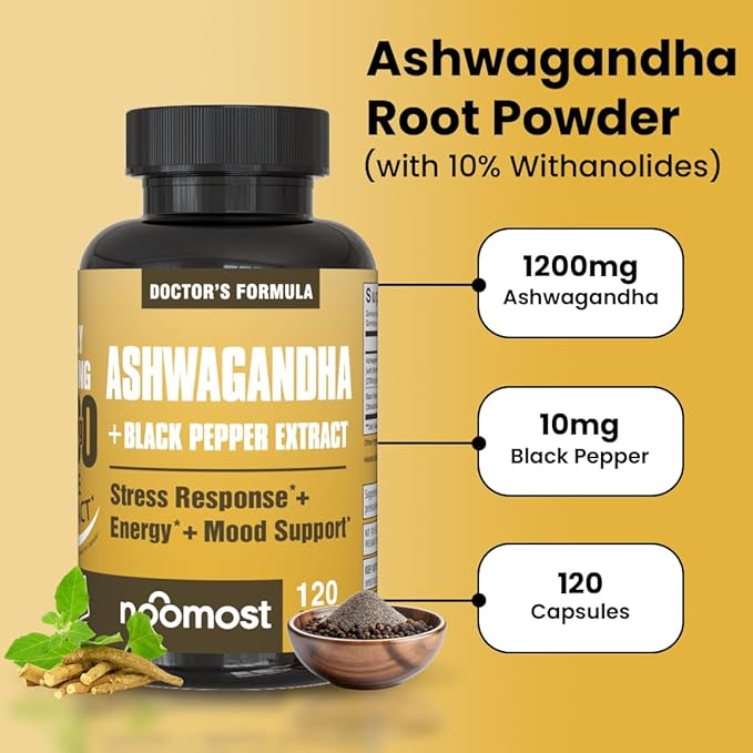 NooMost Ashwagandha 1200mg Supplement | 10% Withanolides with Black Pepper Extract | Pure Root Extract for Stress Relief Promotes Energy Mood Helathy Sleep for Men &amp Women | 120 Capsules