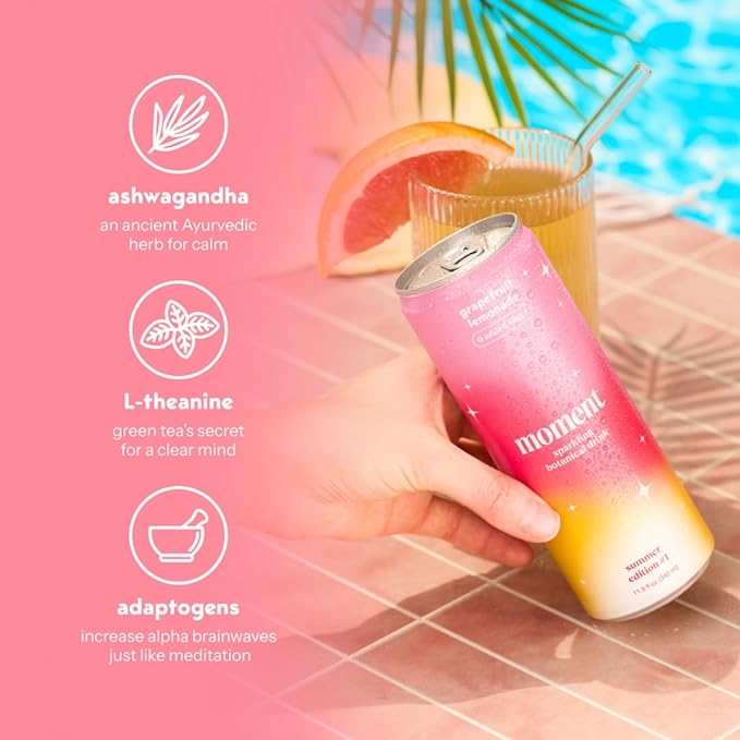 Moment Botanical Soda Soft Drink (Shark Tank) - SPARKLING Non Alcoholic Drinks | L-Theanine &amp Ashwagandha for Calm &amp Clarity | 0 Added Sugar 0 Caffeine | Grapefruit Lemonade |12-pack