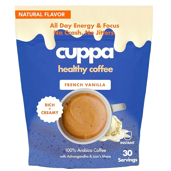 Cuppa French Vanilla Coffee - Great tasting medium roast with mushrooms adaptogens &amp superfoods - Lion's Mane Ashwagandha Cordyceps MCT Prebiotic Fiber &amp L-Theanine. Supports natural ener