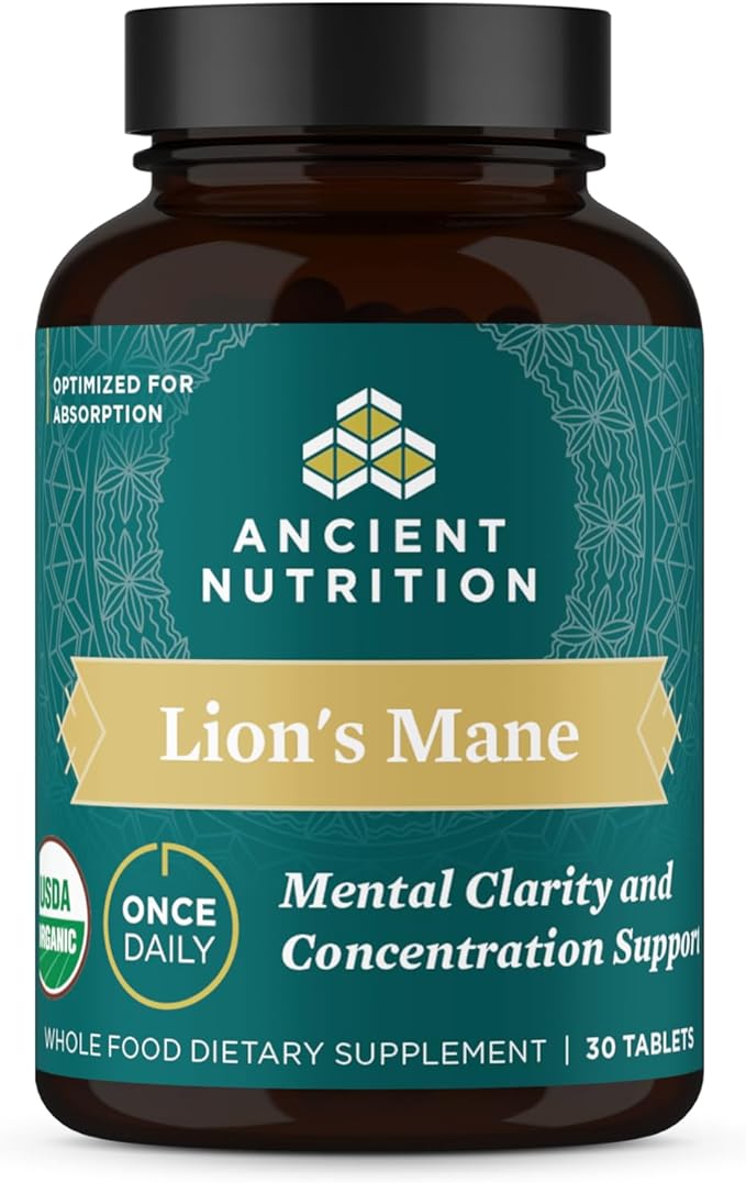 Organic Lion's Mane Mushroom Supplement with Ashwagandha by Ancient Nutrition Organic Lion's Mane Supports Healthy Energy and Concentration Reduces Fatigue Gluten Free and Keto Friendly 30 Tablets