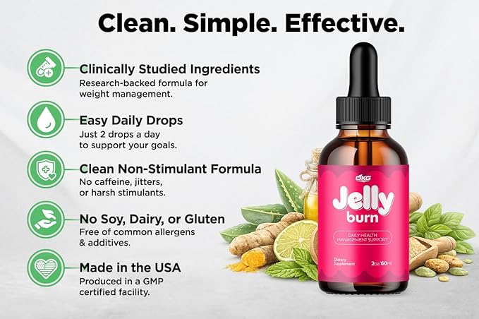 Jelly Burn Drops Advanced Formula Jelly Burn Liquid Vitamin Supplement All Natural Jellyburn Drops Health and Wellness Vitamin Formula with Maximum Strength Ingredients Made in The USA (30 Servings)