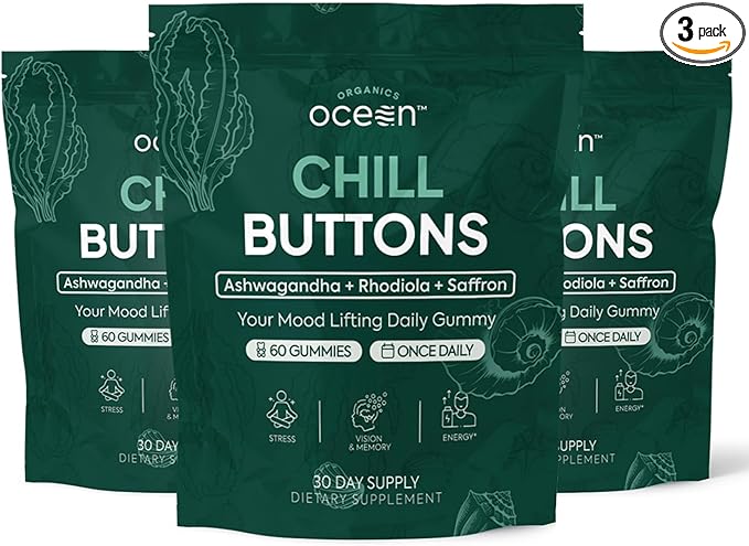 Organics Ocean Chill Buttons – Natural Ashwagandha Gummy Supplement with Organic KSM-66 Saffron &amp Rhodiola Rosea – Supports Relaxation Mood Focus &amp Energy - 3-Pack 180 Count
