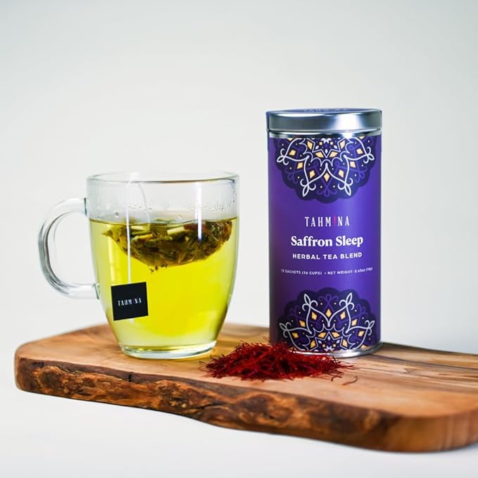 Tahmina Saffron Sleep Caffeine Free Tea: Soothing Chamomile and Lavender with Saffron 12 Biodegradable Pyramid Tea Bags Makes 36 Cups of Tea (1 Pack)